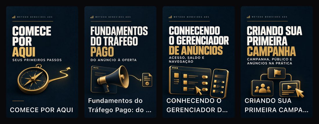 Área de membros do Método Benevides ADS: módulos Comece por aqui, Fundamentos do Tráfego Pago, Conhecendo o Gerenciador de Anúncios e Criando sua primeira campanha