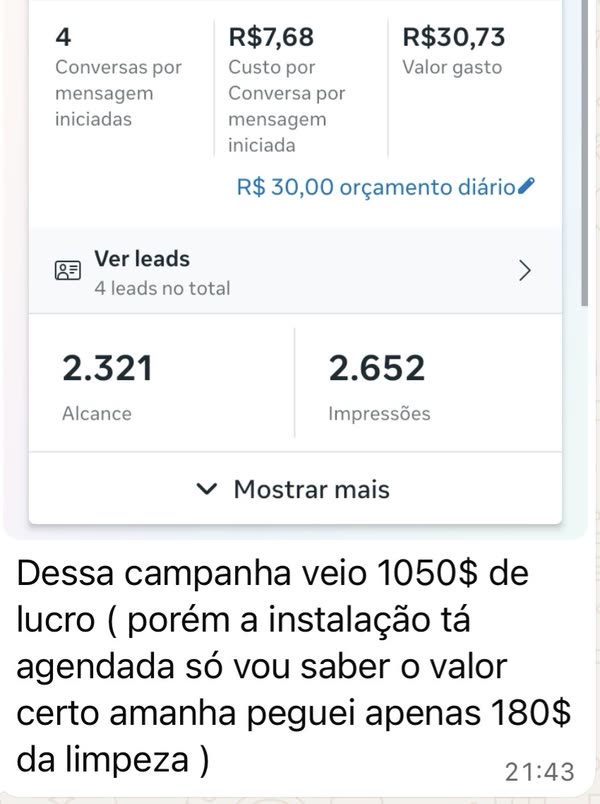 Print de aluno com resultado de campanha: 4 conversas por mensagem iniciadas, R$7,68 por conversa, R$30,73 gasto